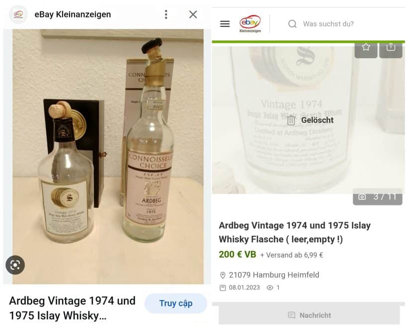 vỏ chai rượu ngoại bán trên ebay