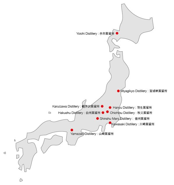 Bản đồ một số nhà sản xuất rượu Whisky tại Nhật Bản