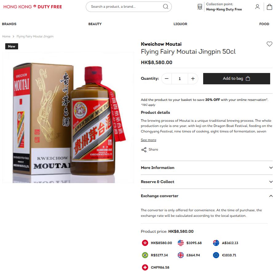 Kweichow Moutai JingPin Vintage 2023 10 Giá rượu Mao Đài Jingpin tại Duty Free Shop Hong Kong