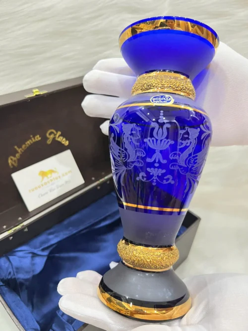 Bình Mạ Vàng Thủy Tinh Màu BOHEMIA Vintage Cobalt Blue Glass Vase with Gold (1)
