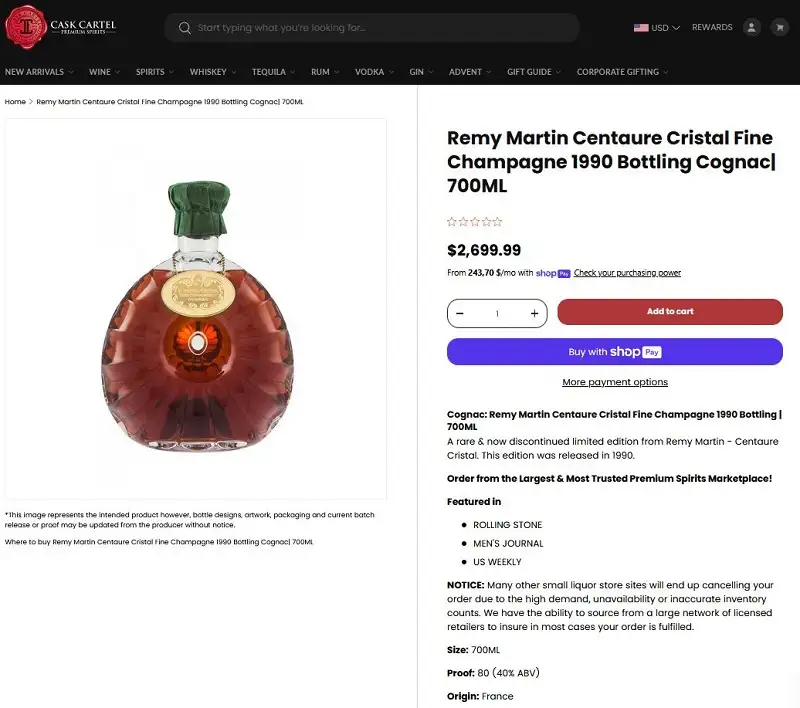 Remy Martin Centaure Cognac Baccarat Crystal 1989 13 Giá rượu Remy Martin Centaure Cognac Baccarat Crystal 1989 tại thị trường Mỹ