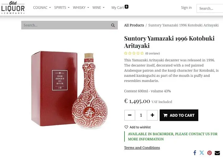 Giá rượu Suntory Yamazaki 1996 Kotobuki Aritayaki