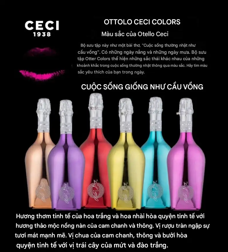 Rượu vang sủi Ottelo Ceci Colors 750ml với các màu Hồng, Vàng Hồng, Tím, Đỏ, Xanh Lá, Vàng và Xanh Da Trời