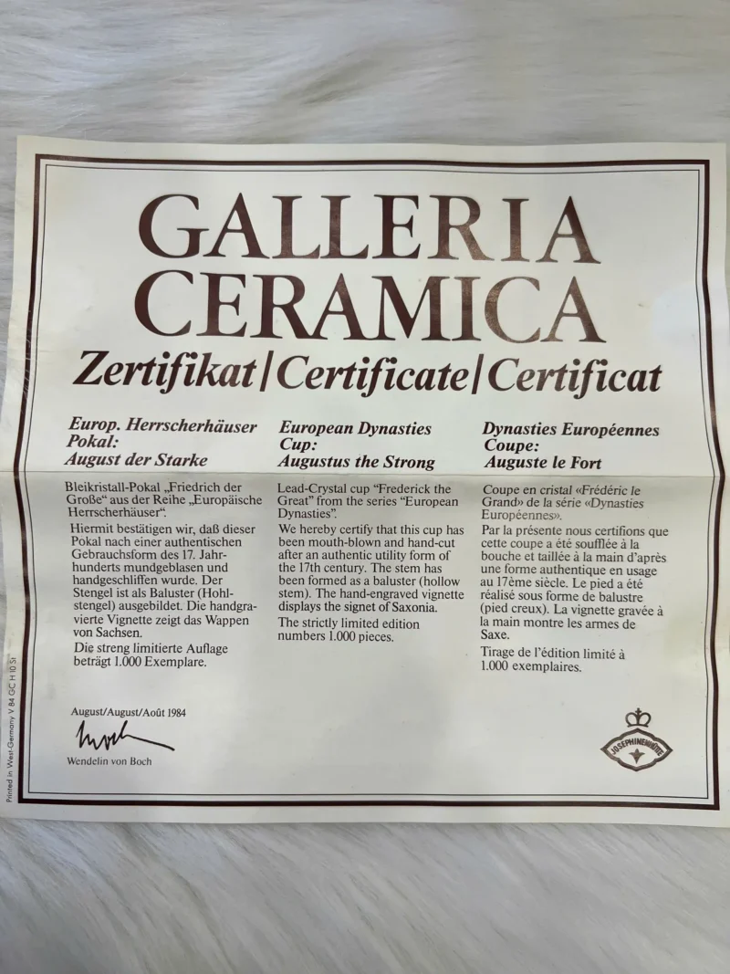 Galleria Ceramica Frederic The Great Limited Edition 6 Giấy chứng nhận phiên bản giới hạn 1000 chiếc Galleria Ceramica Frederic The Great Limited Edition