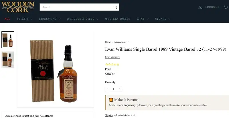 Giá rượu Kentucky Straight Bourbon Whiskey Evan Williams Single Barrel Vintage 1989