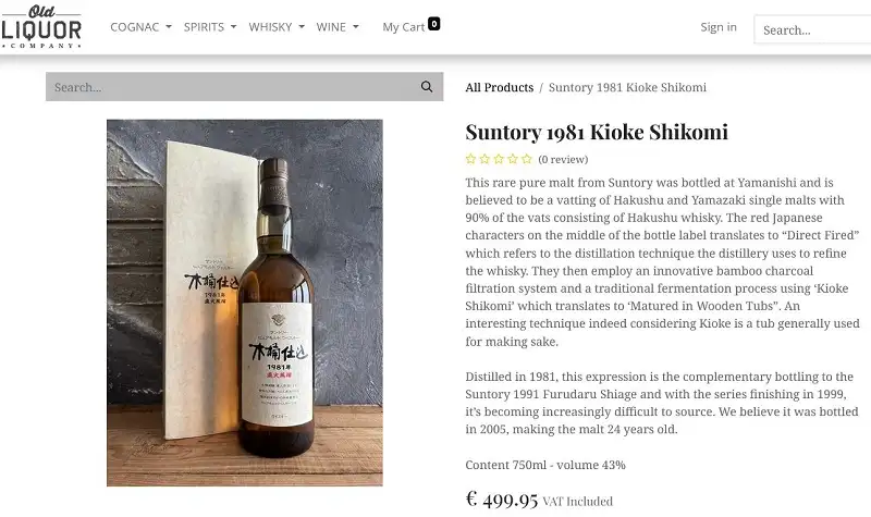 Giá rượu Suntory 1981 Kioke Shikomi Pure Malt Japanese Whisky