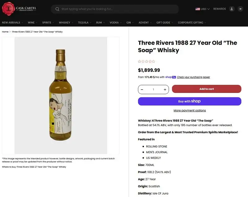 1988 Three Rivers The Soap 27 Years Hogshead Single Malt Whisky 2 Giá rượu 1988 Three Rivers The Soap 27 Years Hogshead Single Malt Whisky