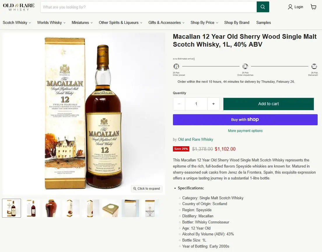 Macallan 12 Year Old Sherry Wood Single Malt Scotch Whisky, 1L, 43% ABV 6 Giá rượu Macallan 12 Year Old Sherry Wood Single Malt Scotch Whisky, 1L, 40% ABV release 1990s